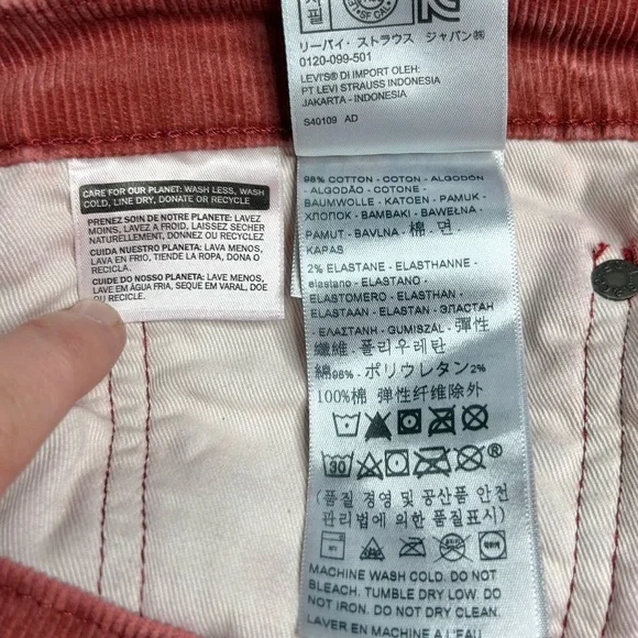 Levi’s 511 slim fit white tab terracotta colored narrow wale corduroys, 34x31.5”